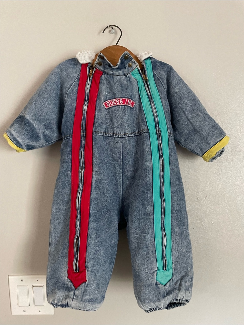 Vintage Baby Guess Acid Wash Denim Fleece Snowsuit Romper Size 24 M Hip Hop USA